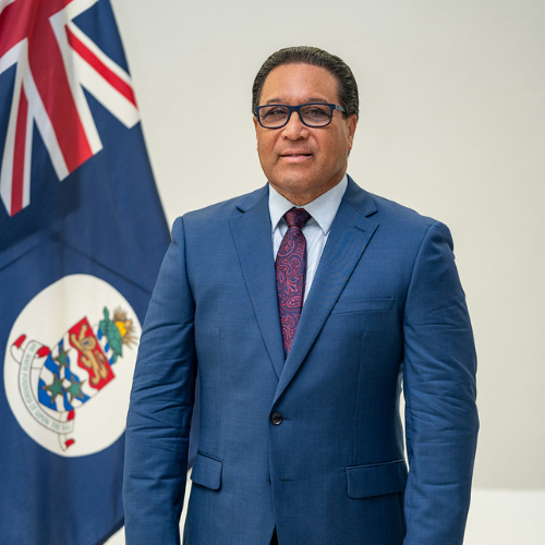 Hon Sir Alden stands in front of the Cayman Islands flag wearing a blue suit.